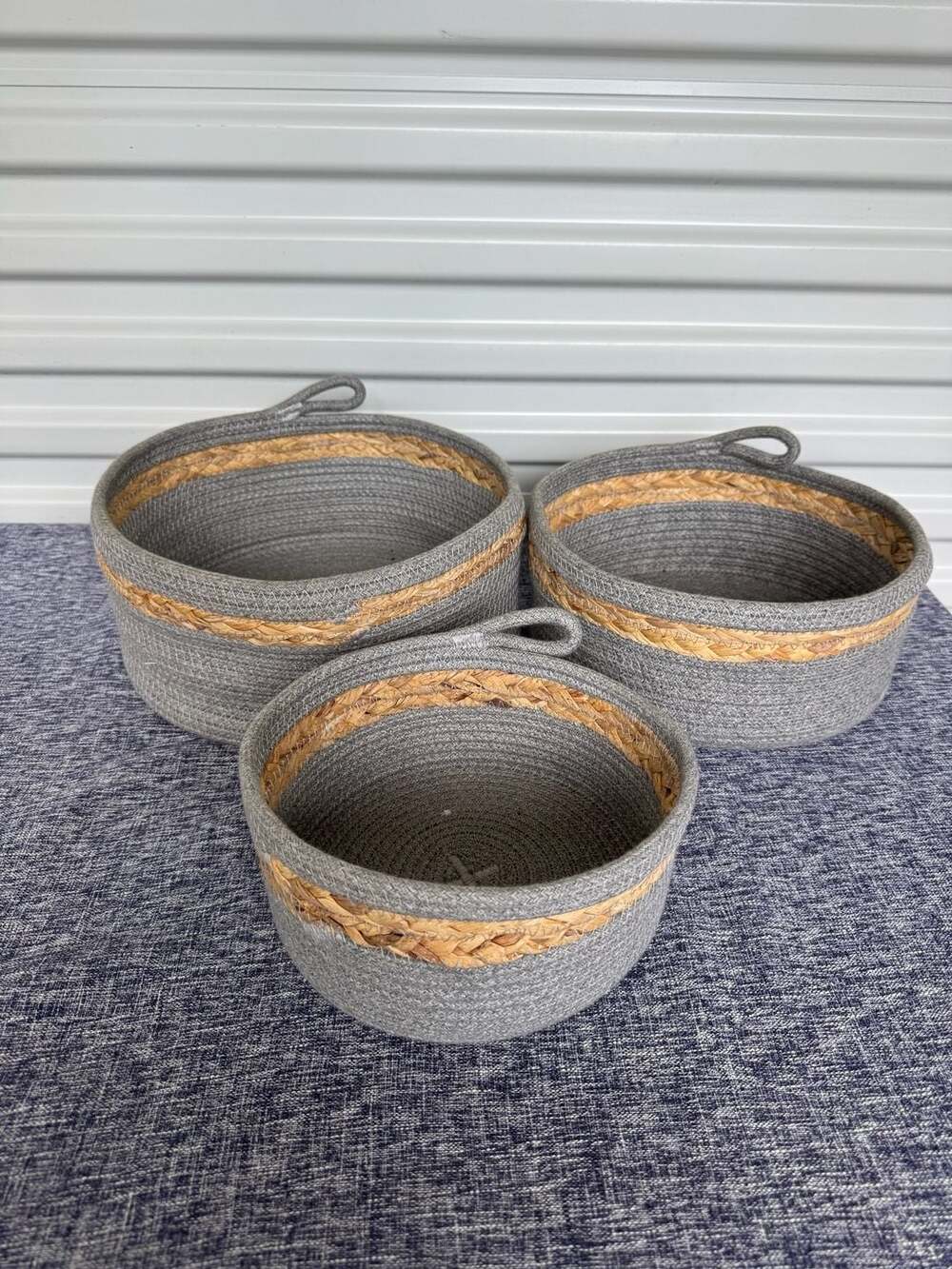 3 pc nesting Gray Cotton Rope Woven Storage Baskets